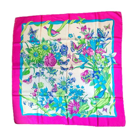 MCM -ONLY ONE- Hot Pink & Blue Floral Butterfly Print 34" 100% Silk Scarf VGUC - Picture 4 of 11